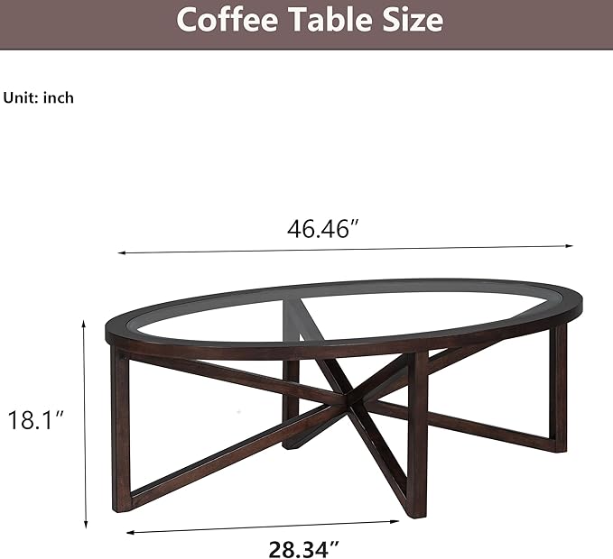 Glass Coffee Table Modern Simple Oval Transparent Tempered Glass Top and Wood Base, Office Terrace Study Accent Coffee Table Center Table, Cherry