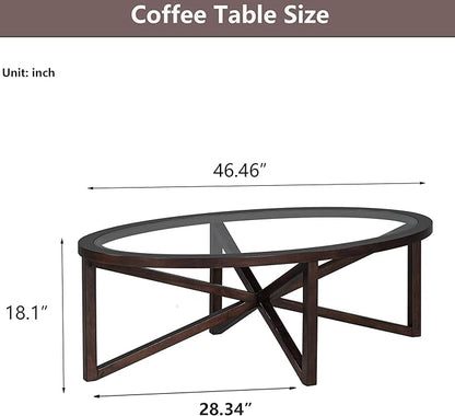 Glass Coffee Table Modern Simple Oval Transparent Tempered Glass Top and Wood Base, Office Terrace Study Accent Coffee Table Center Table, Cherry