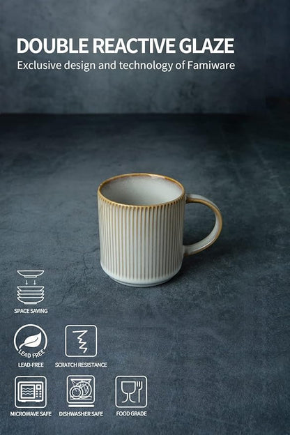 famiware Coffee Mug Set for 6, Star 12 oz Catering Mugs Cup Set with Handle for Coffee, Tea, Cocoa, Milk - Ceramic Stoneware Drinkware Set, Cappuccino White