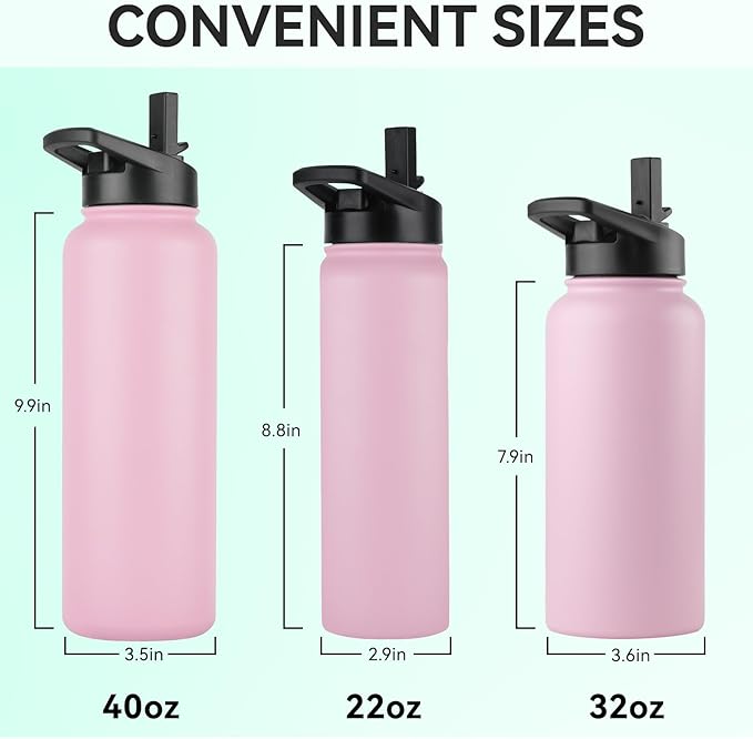 DOMICARE 32 oz Insulated Water Bottle, Vacuum Insulated Stainless Steel Sports Water Bottle with Straw Lid & Spout Lid, Leakproof, Reusable - Travel, Camping, Bike, Pink