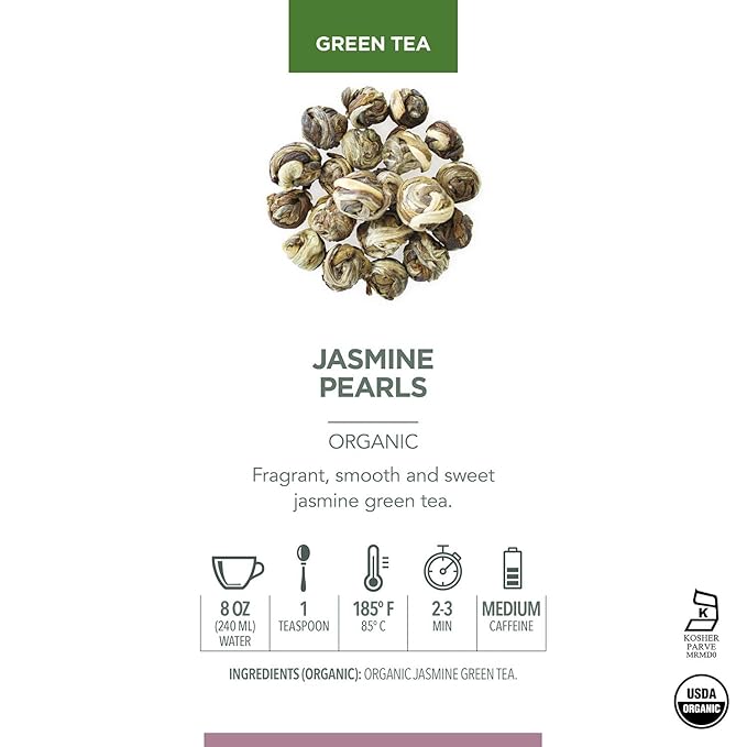 Teabloom Jasmine Pearls – USDA Organic Jasmine Green Tea in Plastic-Free Pyramid Sachets – Luxury Tea Gift Box with 12 Compostable Sachets – Kosher Certified