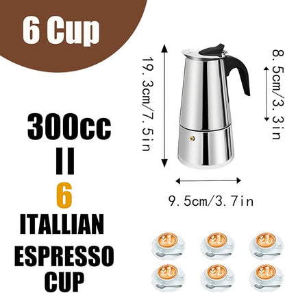 6 Cup Stovetop Espresso Maker Stainless Steel Moka Pot Stove Top Percolator Italian Coffee Makers Capable Mocha Greca Machine Cafe Classic Induction Cookers for Home and Camping 300ml 10oz