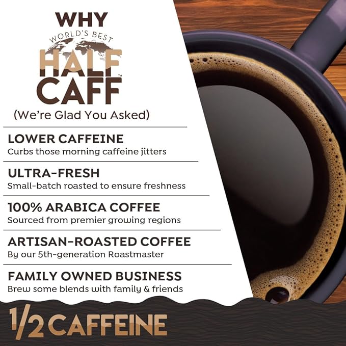 World's Best Half Caff Dark Roast Coffee Pods, 18 ct, Recyclable Single Serve Pods – 100% Arabica Coffee, Compatible with Keurig K Cups Maker