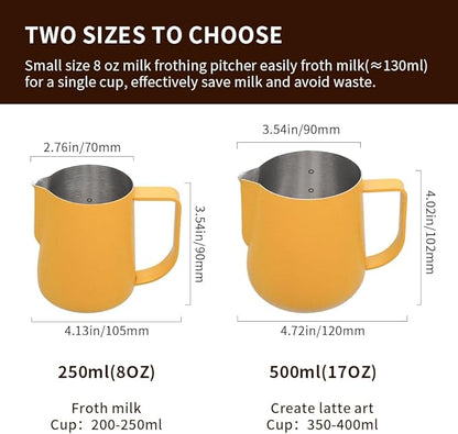 watchget Milk Frothing Pitcher 500ml/17oz Espresso Steaming Pitcher with Matte Yellow Coating Stainless Steel Milk Steamer Jug Milk Frothing Cup, Yellow