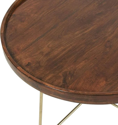 East at Main Aria 30" Round Mango Wood Tray Top Coffee Table with Metal Base – Handcrafted Farmhouse Coffee Table for Living Room