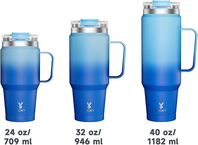 Meoky 32oz Tumbler with Handle, Stainless Steel Travel Mug with 2-in-1 Straw and Sip Lid, Vacuum Insulated Coffee Mug, 100% Leak Proof, Keeps Cold for 24 Hours or Hot for 8 Hours (Sky)