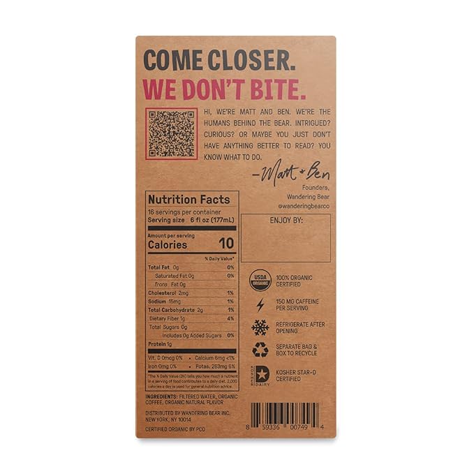 Wandering Bear Organic Mocha Cold Brew Coffee On Tap, 96 fl oz - Extra Strong, Bold, Smooth, Unsweetened, Shelf-Stable, Ready to Drink, Gluten Free, & Vegan, Iced Cold Brewed Coffee Drinks