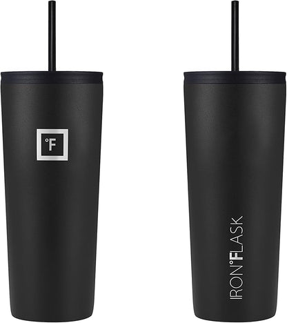 IRON °FLASK Classic Tumbler - Vacuum Insulated Stainless Steel Water Bottle, Double Walled, Drinking Cup, Insulated Travel Mug (Midnight Black, 24 oz Solid Lid)