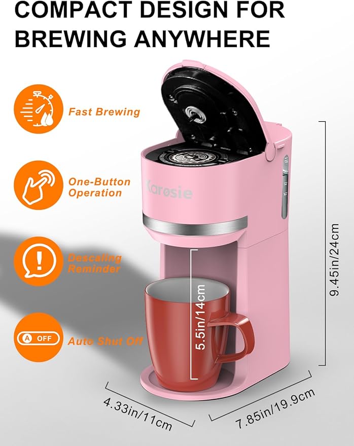 Single Serve Coffee Maker for K-Cup and Ground Coffee, Fast Brew, 6-12 oz Brew Sizes One Cup Coffee Machine Fits 5.5" Mugs, One-Button Small Coffee Maker with Descaling Reminder,Pink