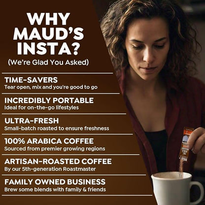 Maud's Dark Roast Decaf Instant Coffee, 24 ct, 100% Arabica Coffee, Instant Hot or Iced Coffee - Just add water