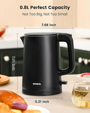 Electric Kettle Small for Tea & Coffee, 0.8L (27OZ) Double Wall Stainless Steel Hot Water Boiler, Fast Boiling Water Heater & Teapot with Auto Shut-Off, Boil-Dry Protection