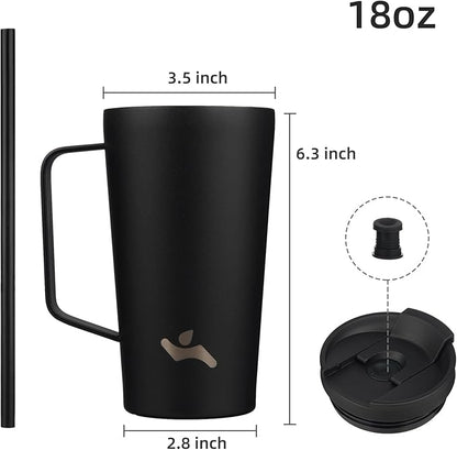Insulated Tumbler with Handle and Straw, 18 OZ Travel Coffee Mug Stainless Steel Cup Metal Water Bottle,Black