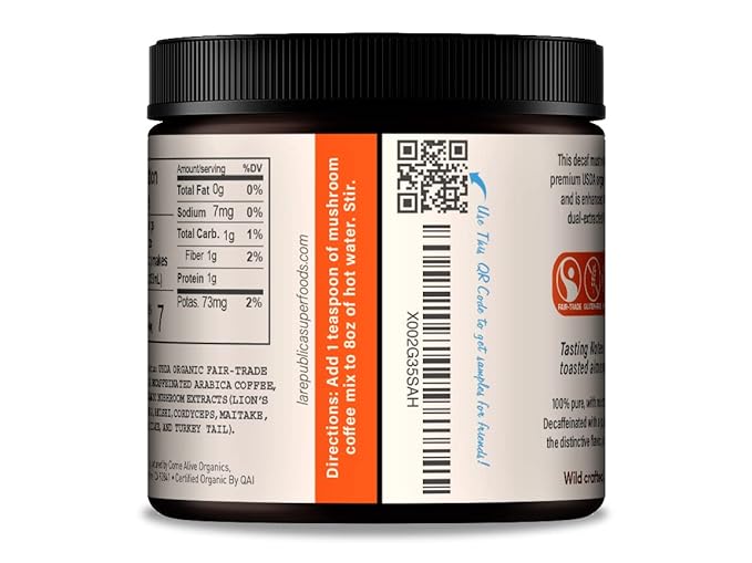 La Republica DECAF Organic Mushroom Coffee (35 Servings) with 7 Superfood Shrooms, Great Tasting Instant Mix Includes Lion's Mane, Reishi, Chaga, Cordyceps, Shiitake, Maitake, and Turkey Tail (Decaffeinated)
