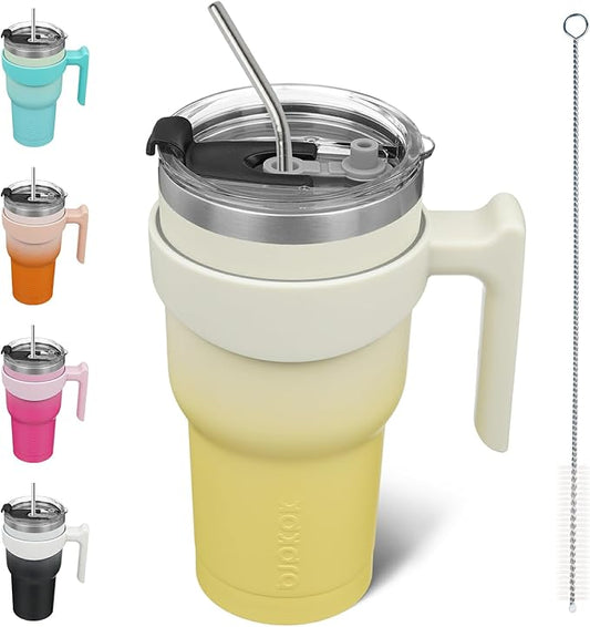 BJPKPK 30oz Tumbler With Handle Insulated Tumbler Cups With Lid And Straw Reusable Stainless Steel Double Wall Travel Mugs,Lemon