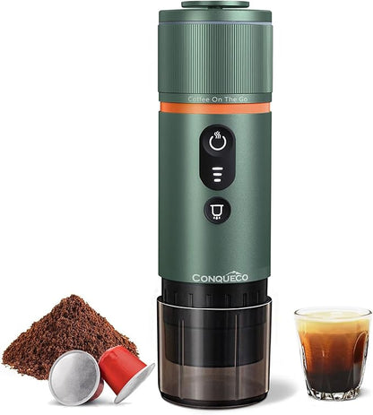 CONQUECO Portable Espresso Coffee Machine: 12V Electric Small Travel Expresso Maker - Self Heating 8 Cups Battery Powered Compatible for Nespresso Capsule - for Camping RV Hiking Office (Forest Green)