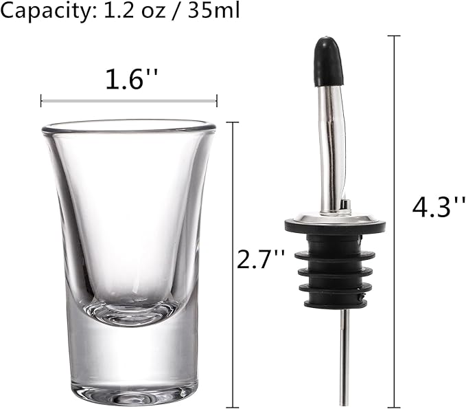 Tebery 30 Pack Shot Glass Bulk Heavy Base, 1.2 Oz Tequila Glass Set with 2 Bottle Pourer, Clear Small Whiskey Shot Glass Cups for Vodka, Liquors, Cocktail, Espressos, Bar