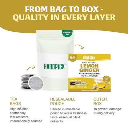 HANDPICK, Lemon Ginger Herbal Tea - 100 Pyramid Tea Bags | 100% Natural Ingredients, Tasty & Citrusy Hand-made Blend of Lemon & Ginger | Caffeine Free, Gluten Free | No Artificial Ingredients