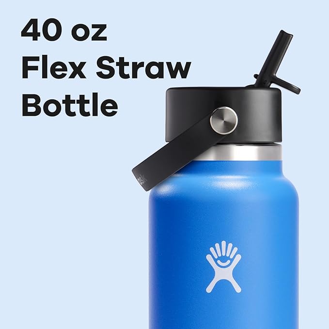 Hydro Flask Water Bottle - Insulated Stainless Steel - Wide Straw Lid, Non Spill, Leakproof in 40 Oz Cascade Blue