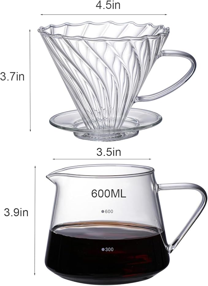 Pour Over Coffee Maker Set, 600ML Glass Carafe Coffee Server with Dripper Set, V60 Glass Coffee Filter for Home Office Gift, 1-4 Cups (Clear)