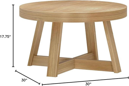 Plank+Beam Classic Round Coffee Table, 30 Inch Farmhouse Coffee Table, Rustic Mini Center Tables for Small Spaces, Small Living Space Tea Table, Blonde Wirebrush