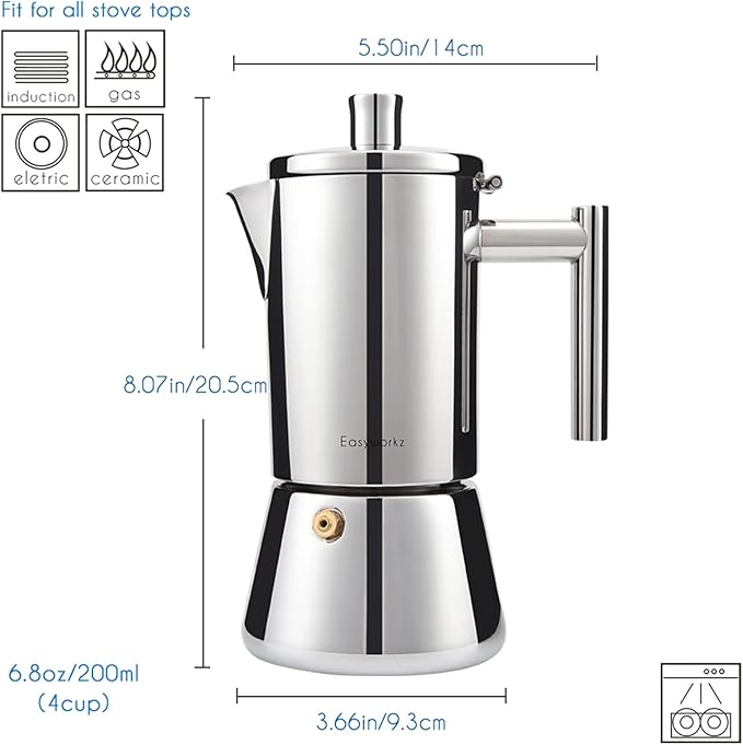 Easyworkz Diego Stovetop Espresso Maker Stainless Steel Italian Coffee Machine Maker 4Cup 6.8 oz Induction Moka Pot