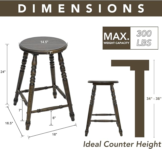 chairus 24" Backless Counter Height Bar Stools Set of 4, Farmhouse Wooden Counter Stools with Round Seat & Turned Legs, Rustic Vintage Colonial Short Bar Chairs for Kitchen Island, Antique Brown