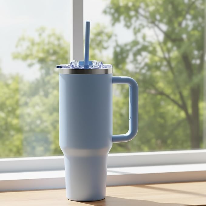 COKTIK 40 oz Tumbler With Handle and Straw Lid, Vacuum Insulated Travel Coffee Mug Stainless Steel Insulated Cup for Beverages, Leak-proof, Cupholder Friendly (Silent Sky)