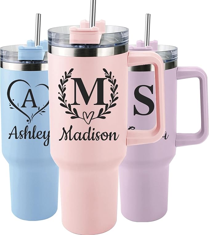 Personalized 40 Oz Tumbler with Handle and Straw, Custom Cup with Name & Birth Flower, Stainless Steel Travel Coffee Tumbler,Personalized Christmas Birthday Gifts for Women, Teen Girls