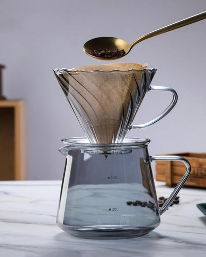 Pour Over Coffee Maker Set, 600ML Glass Carafe Coffee Server with Dripper Set, V60 Glass Coffee Filter for Home Office Gift, 1-4 Cups (Grey)