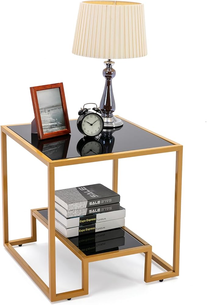 COSVALVE Tempered Glass End Table, 21 inch Square Side Tables, Accent Coffee Table w/Glass Top Metal Frame Storage Shelf for Living Room, Balcony, Porch, Small Space, Black & Brass