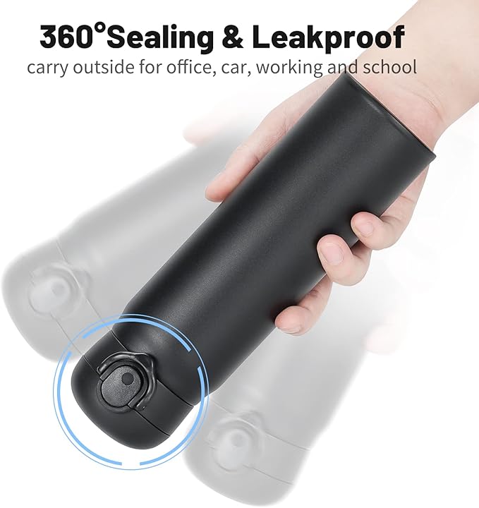 17 oz / 500 ml Insulated Water Bottle, Stainless Steel Thermo Coffee Travel Mug, Thermal Cup with Snap Flip Lid, BPA Free for Hot and Cold Drinking, Black