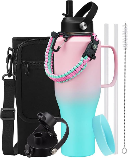 40 oz Water Bottle with Handle - Insulated Water Bottle with Straw, Auto Spout Lid, Carrying Pouch, Paracord Handle & Protective Boot, Travel Coffee Tumbler Thermal Flask for Road Trip Bike