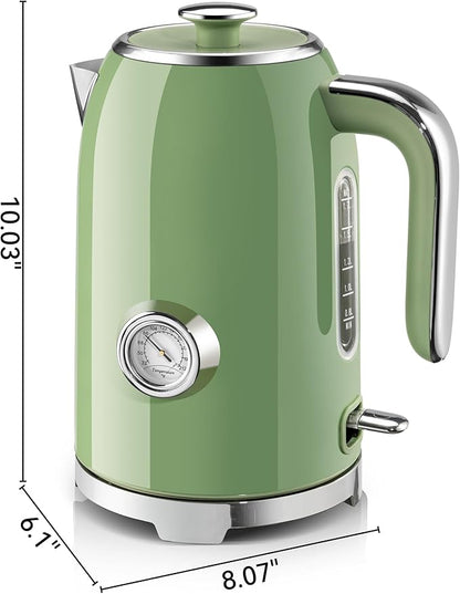 SUSTEAS Electric Kettle - 57oz Hot Tea Water Boiler with Thermometer, 1500W Fast Heating Stainless Steel Pot, Cordless LED Indicator, Auto Shut-Off & Boil Dry Protection, Retro Green