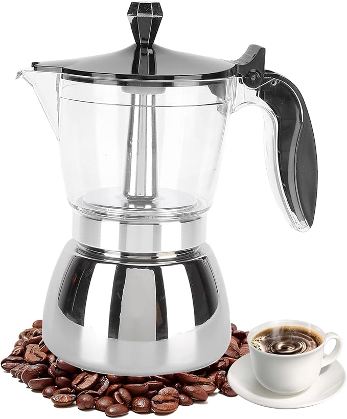 JUSTHERE 6 Cups Stainless Steel Coffee Pot Coffee Maker, Moka Pot Espresso Maker Premium Heat-Resistant Acrylic Top Stainless Steel Moka Pot, Stovetop Espresso Maker for Home