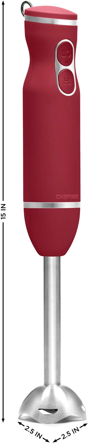 Chefman Immersion Stick Hand Blender with Stainless Steel Blades, Powerful Electric Ice Crushing 2-Speed Control Handheld Food Mixer, Purees, Smoothies, Shakes, Sauces & Soups, Red