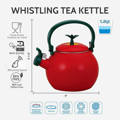 Whistling Tea Kettle for Stove Top Enamel on Steel Teakettle, Supreme Housewares Apple Design Teapot Water Kettle Cute Kitchen Accessories Teteras (1.6 Quart, Apple)