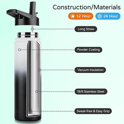 DOMICARE Insulated Water Bottle, 22 oz Vacuum Insulated Stainless Steel Reusable Sports Bottle with Straw Lid & Spout Lid for Travel, Camping, Bike, Leakproof, Black/White, 1 Pack