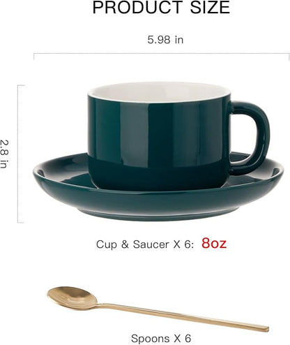 7 oz Coffee Cups with Saucers Spoons - Set of 6 Cappuccino Cups, Dark Green Porcelain Cups Serving for Tea Espresso Latte Mocha