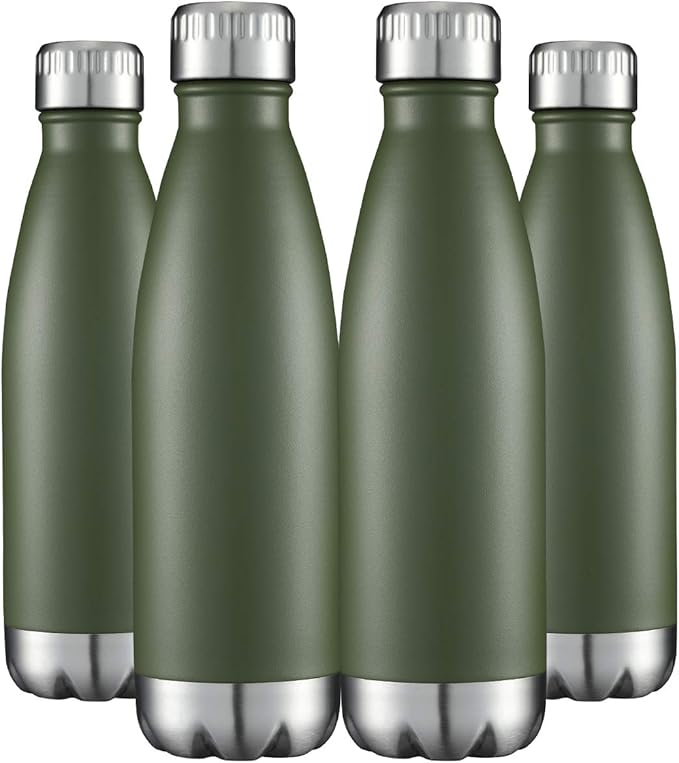 HASLE OUTFITTERS 17oz Stainless Steel Water Bottles Bulk, Vacuum Insulated Water Bottles Double Walled Powder Coated Reusable Metal Sports Water Bottles Keep Drinks Hot and Cold, ArmyGreen, 4Packs