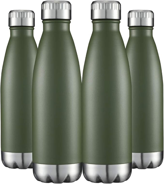 HASLE OUTFITTERS 17oz Stainless Steel Water Bottles Bulk, Vacuum Insulated Water Bottles Double Walled Powder Coated Reusable Metal Sports Water Bottles Keep Drinks Hot and Cold, ArmyGreen, 4Packs