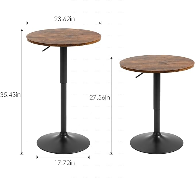 23.6" Round Bar Table, Adjustable Height Modern Cocktail Table with MDF Top and Metal Base, Bistro Pub Table Suitable for Cafe, Kitchen Island, Bar Counter, Brown