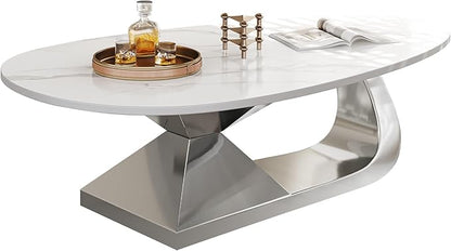 Modern Coffee Table with Silver Stainless Steel Pedestal,Oval Living Room Table with Faux Marble Top,Sintered Stone Cocktail Center Table Marble Grain,51.20inch