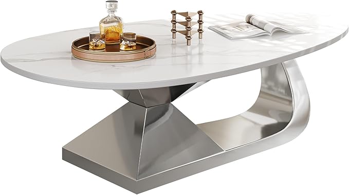 Modern Coffee Table with Silver Stainless Steel Pedestal,Oval Living Room Table with Faux Marble Top,Sintered Stone Cocktail Center Table Marble Grain,51.20inch