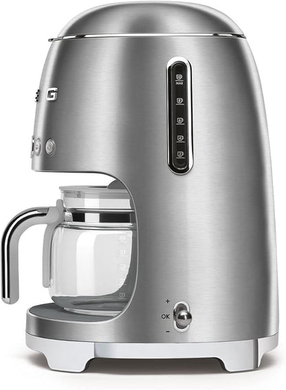Smeg 50's Retro Style Aesthetic Drip Coffee Machine with 10 Cup Glass Carafe, Auto Start Feature, Keep Warm Plate, and Two Coffee Strength Settings (Brushed Stainless Steel)