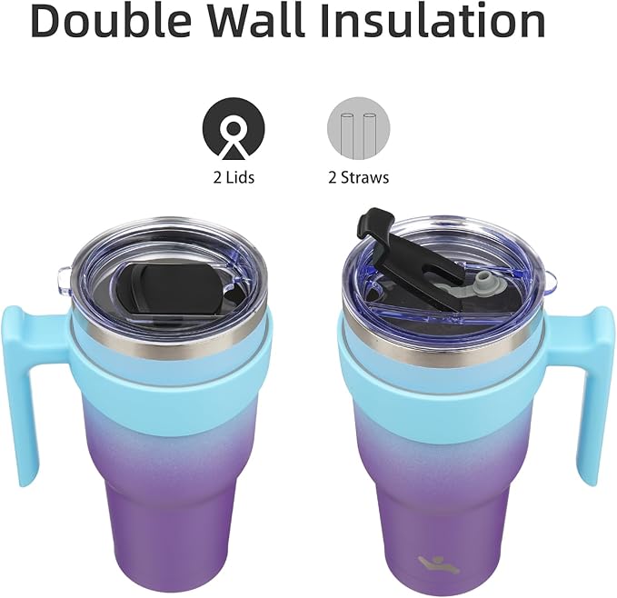 30 oz Tumbler with Handle and 2 Straw 2 Lid, Insulated Water Bottle Stainless Steel Vacuum Cup Reusable Travel Mug,Ocean Dream