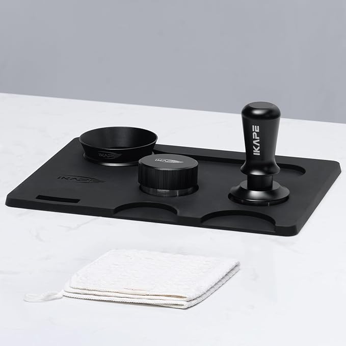 IKAPE 53MM Coffee Tamper Set Black 6 IN 1, Espresso Tamper, Distributor, Magnetic Dosing Funnel, Silicone Mat, Puck Screen, Cleaning Towel