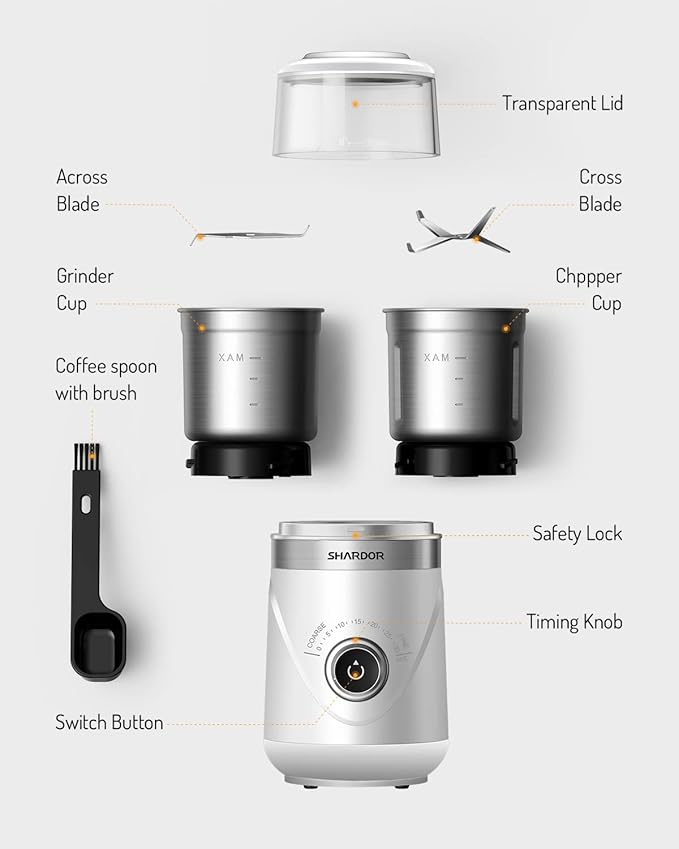 SHARDOR Electric Super Silent Blade Coffee Grinder, Timed Grind Control Rotary Knob, Adjustable Coarse to Fine for Coffee Beans, Spices & Herbs, with 2 Removable Stainless Steel Bowl, White
