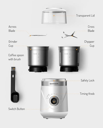 SHARDOR Electric Super Silent Blade Coffee Grinder, Timed Grind Control Rotary Knob, Adjustable Coarse to Fine for Coffee Beans, Spices & Herbs, with 2 Removable Stainless Steel Bowl, White