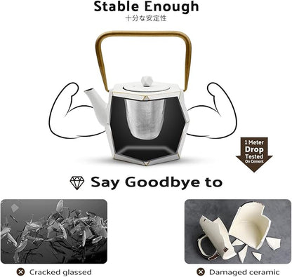 Toptier Cast Iron Teapot, Stovetop Safe Japanese Cast Iron Tea Kettle, Diamond Design Tea Pot with Removable Infuser for Loose Tea, 30 Ounce (900 ml), White