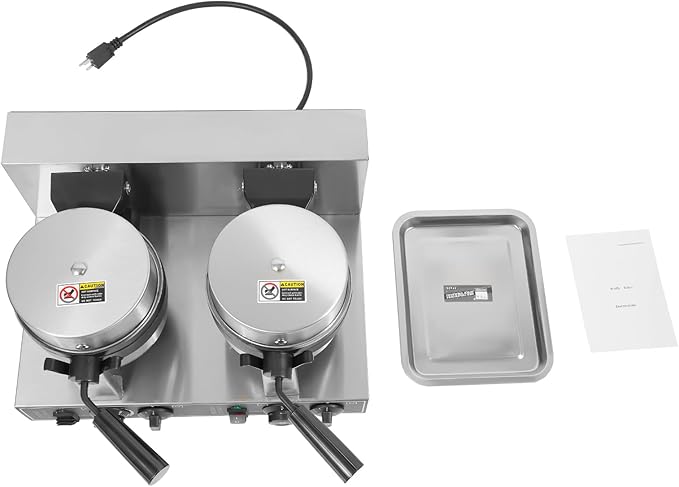 Commercial Dual-Head Rotating Non-Stick Round Belgian Waffle Maker - 2400W Stainless Steel Waffle Iron Machine for Restaurant or Bakery - Temperature and Time Control, 110V